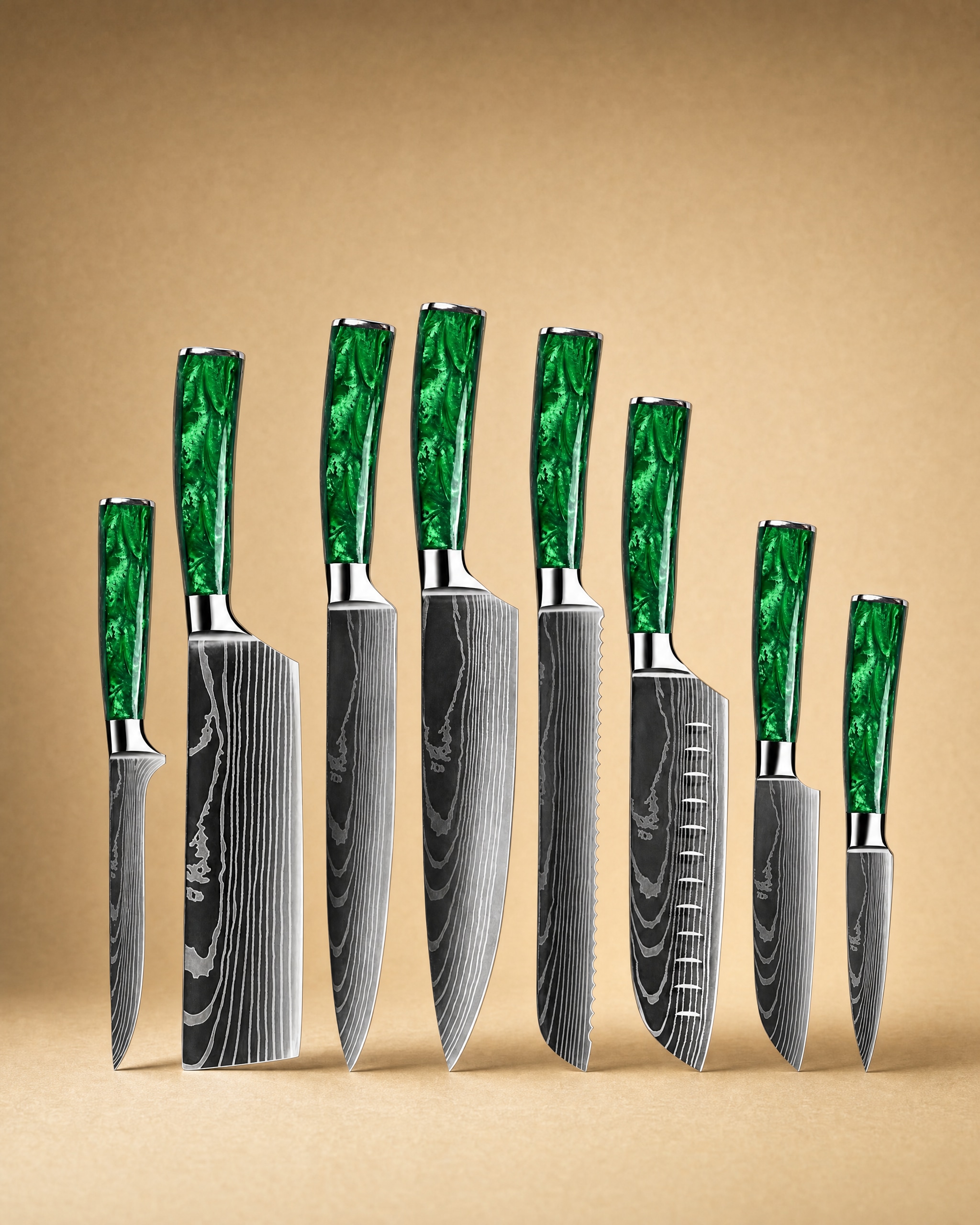 Kitakami 北上川 Damascus Pattern Stainless Steel Kitchen 8 Knife Set